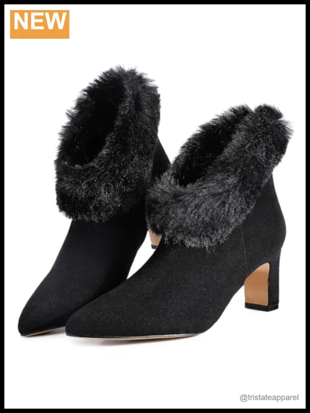 Faux Suede Ankle Booties Chunky Heel Pointed Toe Faux Fur Cuff Zip Closure